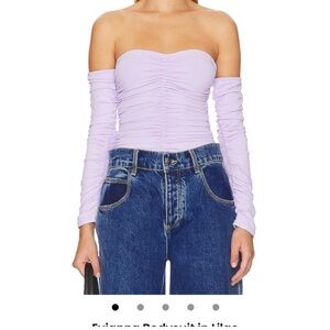 Astr Lavender Off-Shoulder Ruched Long Sleeve Bodysuit